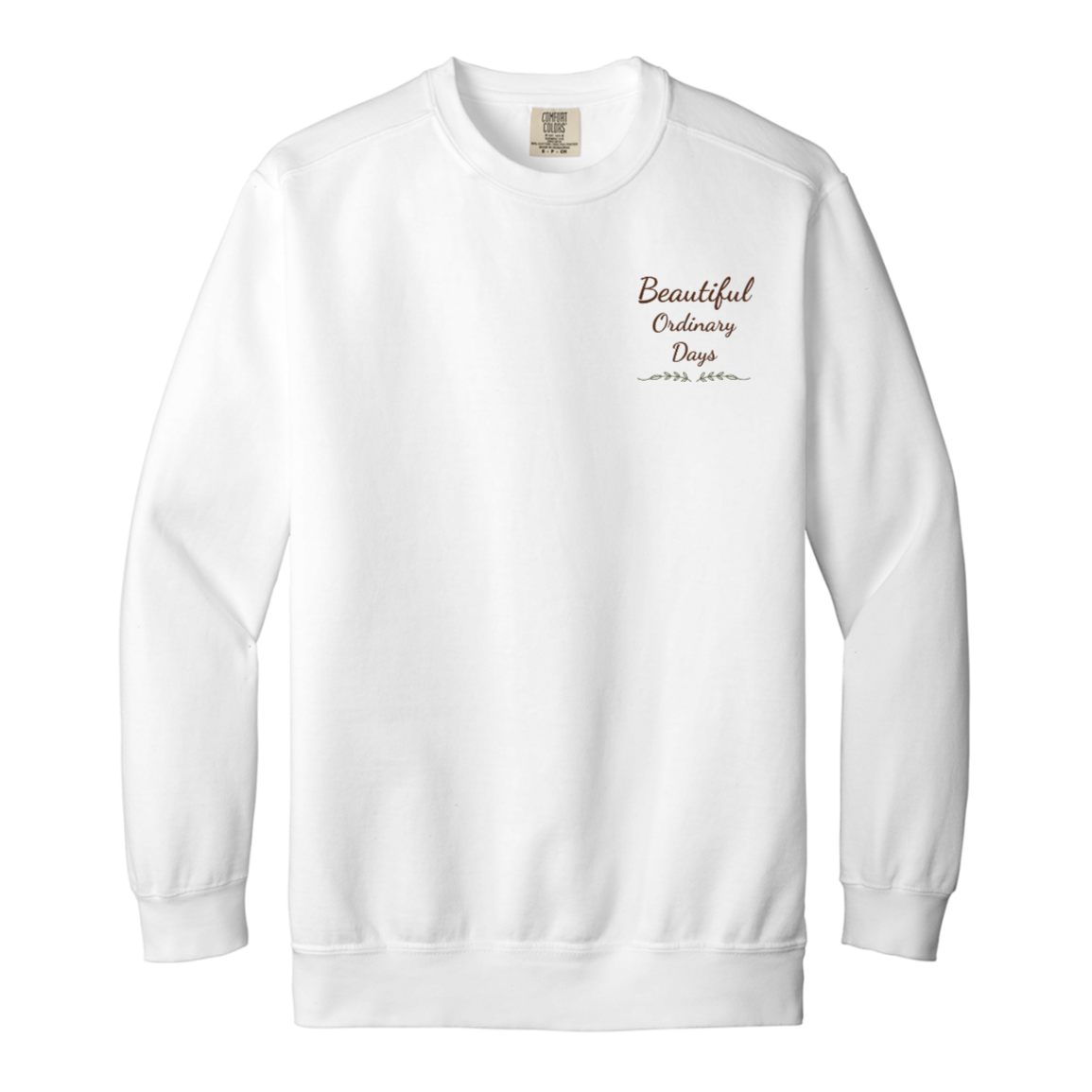 Comfort Colors White crewneck sweatshirt featuring Beautiful Ordinary Days front chest logo from the Signature Vintage Collection.