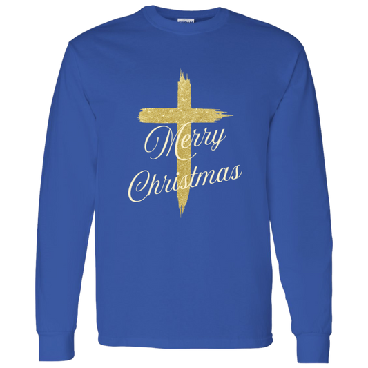 Blue long-sleeve shirt with a gold cross and 'Merry Christmas' text on a white background