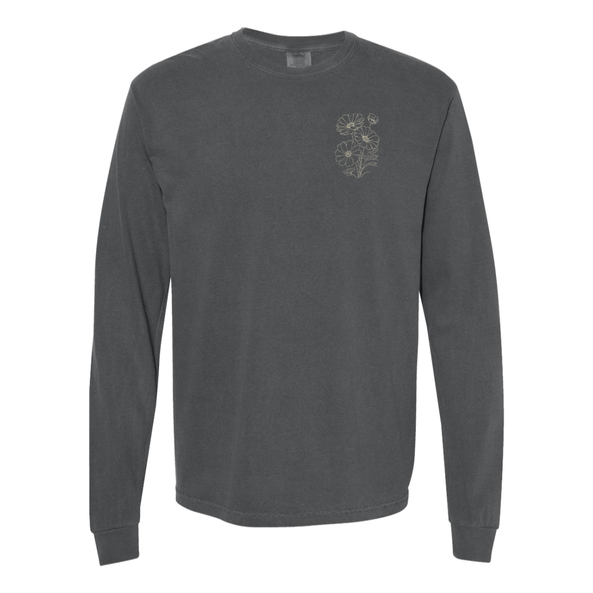 Pepper Comfort Colors long sleeve with coordinating floral left chest graphic.
