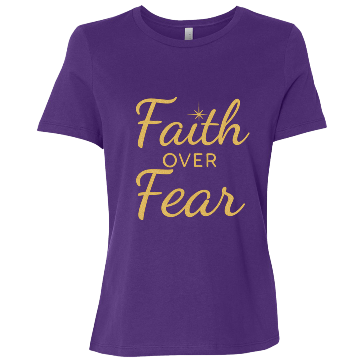 Purple t-shirt with 'Faith Over Fear' text in gold 