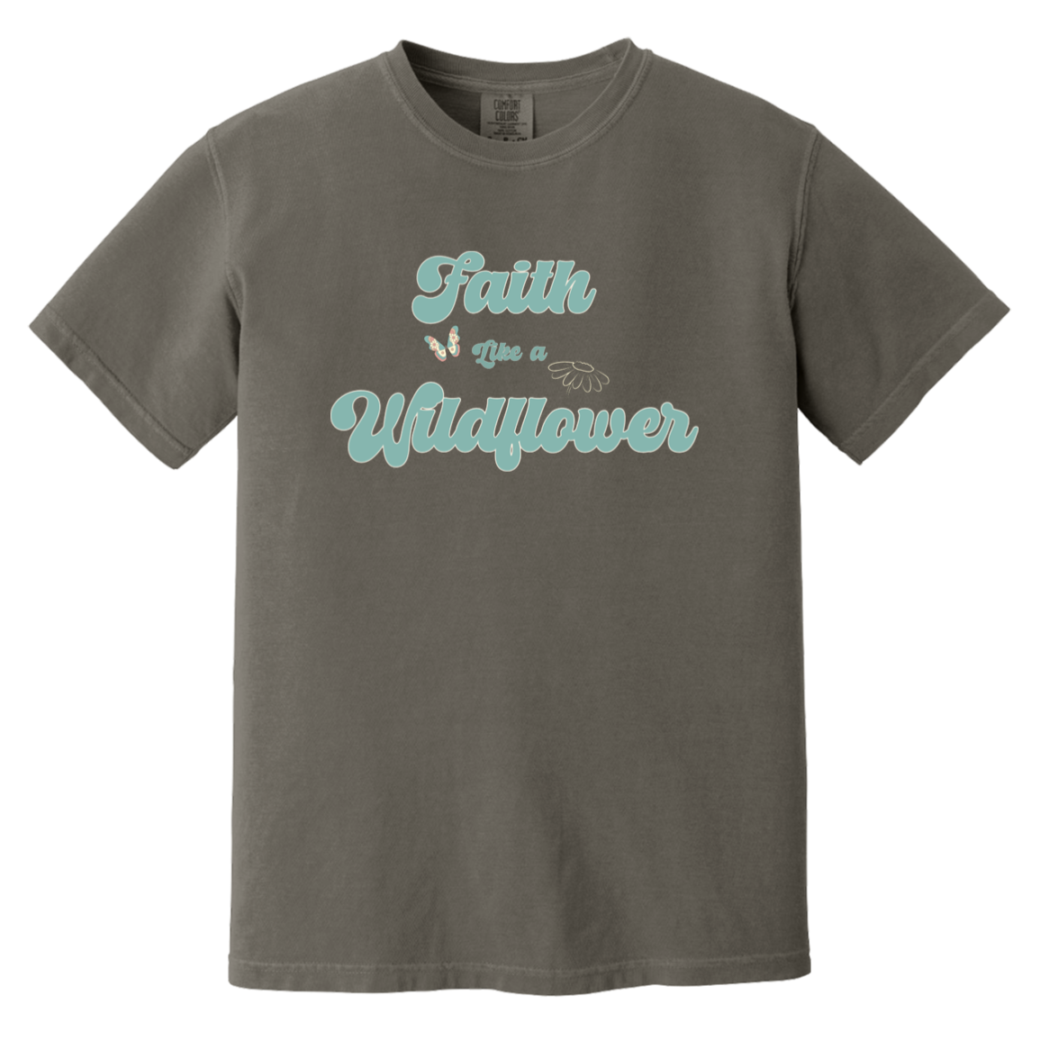 Faith Like a Wildflower Comfort Colors Pepper garment dyed t-shirt with vintage inspired faith graphic and butterfly accent