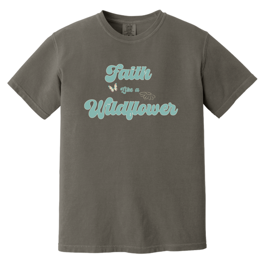 Faith Like a Wildflower Comfort Colors Pepper garment dyed t-shirt with vintage inspired faith graphic and butterfly accent