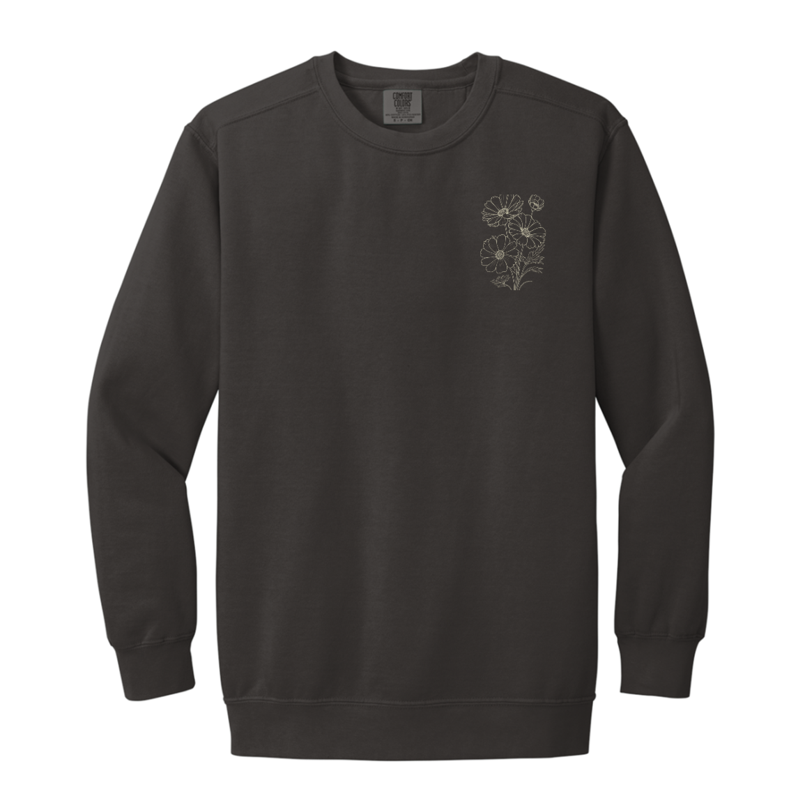 Pepper Comfort Colors crewneck with coordinating floral left chest design.