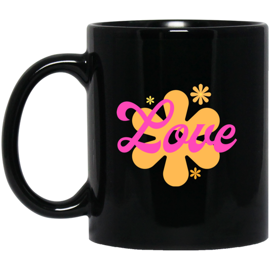 11 oz black ceramic coffee mug with Love Retro inspirational design
