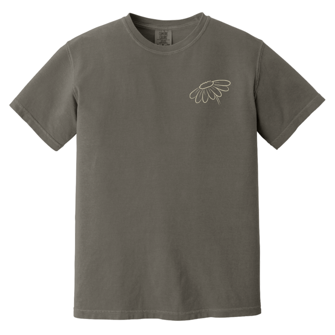 Front of Pepper Comfort Colors T-shirt featuring a small outlined wildflower design on the left chest.