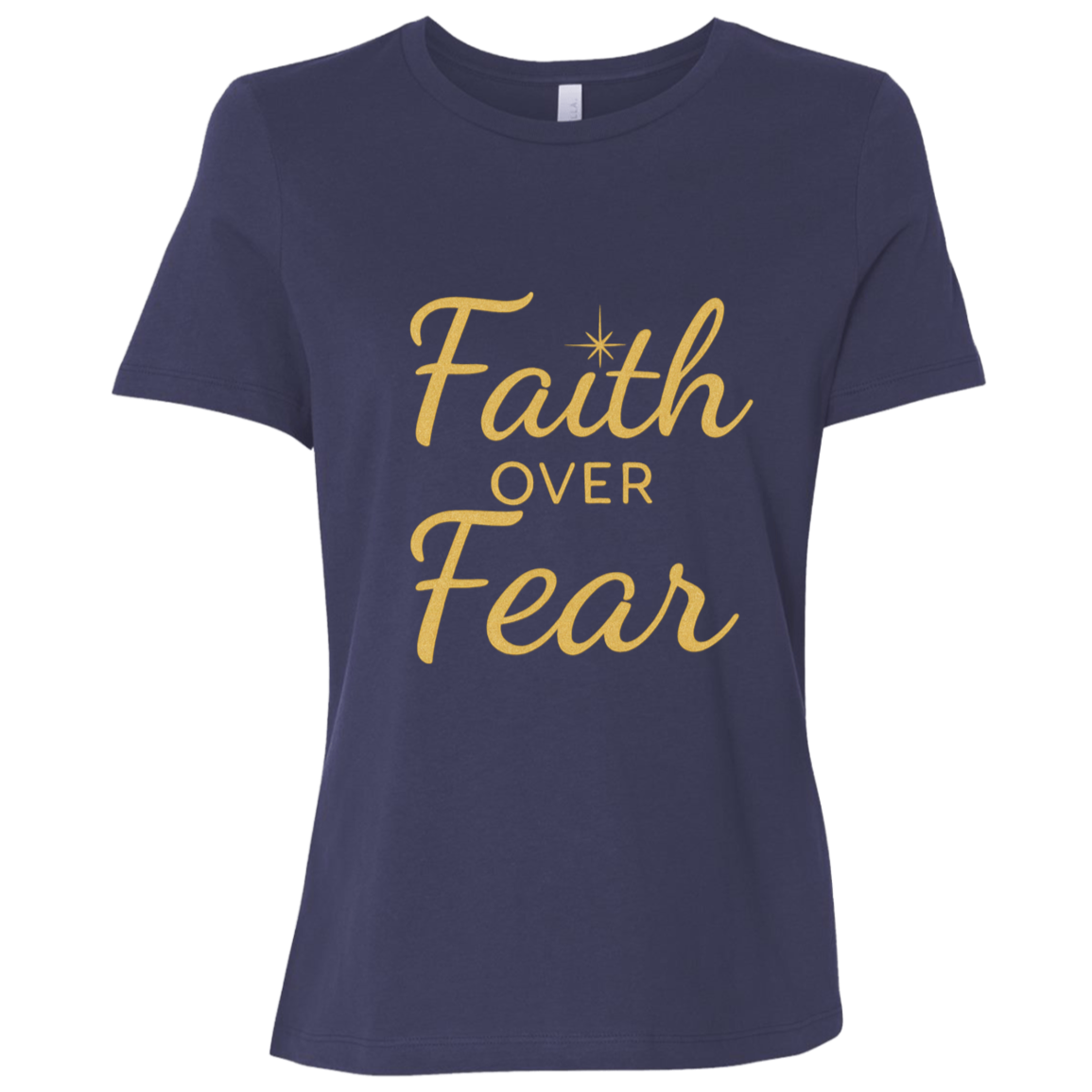 Navy blue t-shirt with 'Faith Over Fear' text in gold 