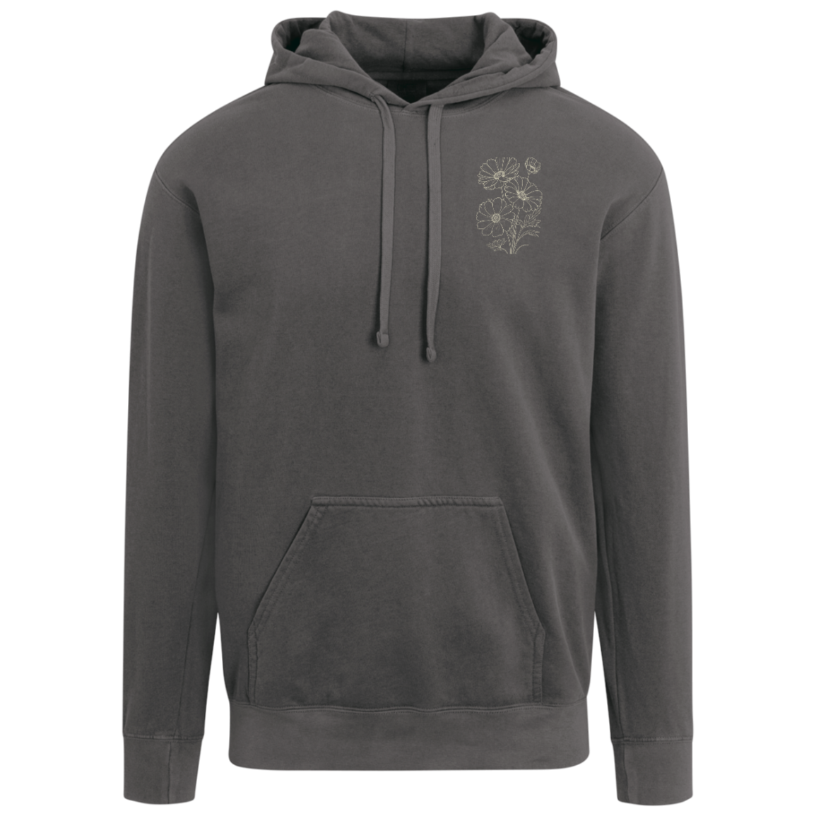 Pepper Comfort Colors hoodie with coordinating floral left chest design.