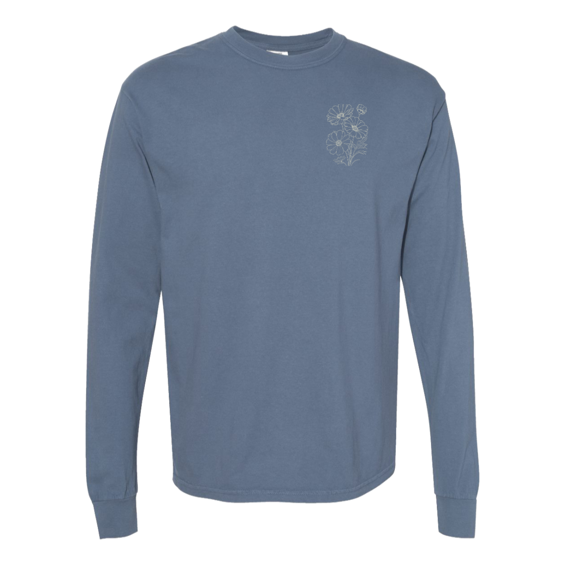 Blue Jean Comfort Colors long sleeve with matching floral left chest design.
