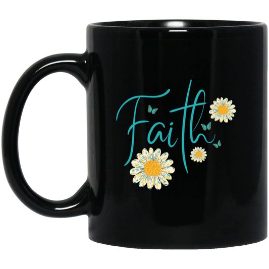 11 oz black ceramic coffee mug with Faith Floral inspirational design
