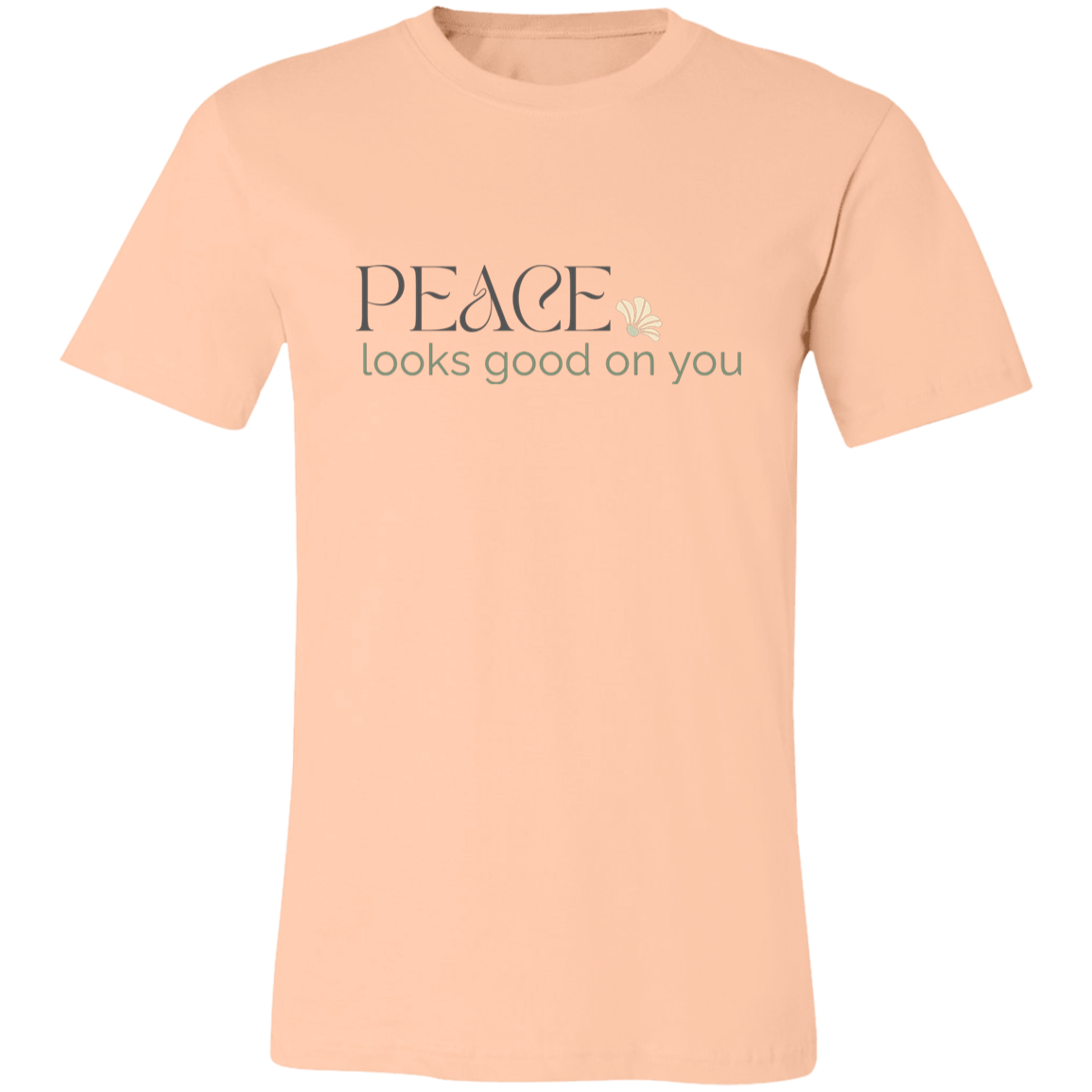 Peace Looks Good on You graphic t-shirt in Peach with soft vintage lettering and botanical detail.