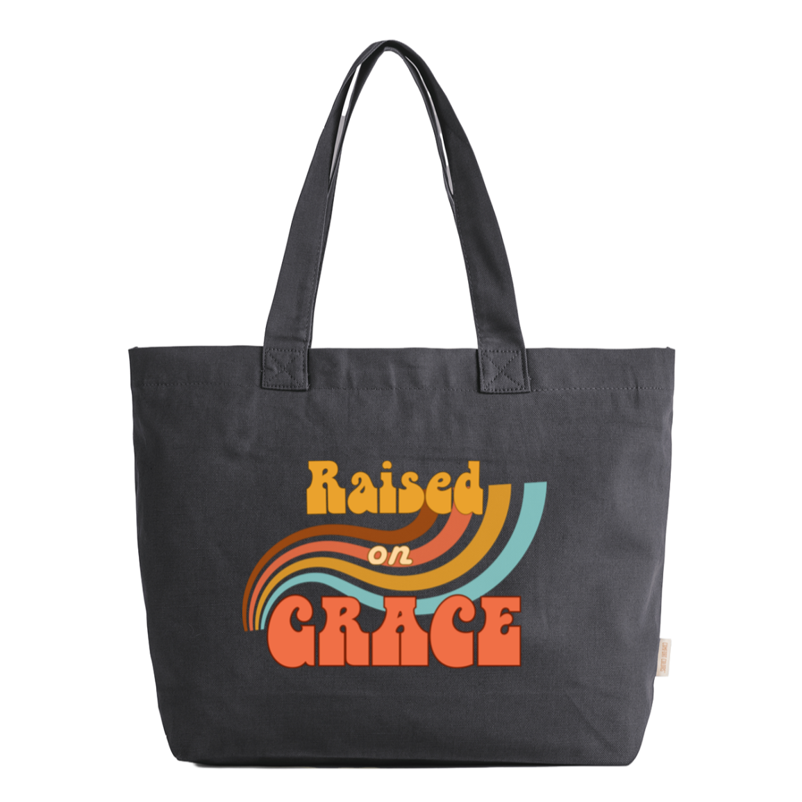 Raised on Grace retro canvas zip tote bag in graphite featuring a colorful vintage rainbow design and nostalgic typography with a warm retro feel.