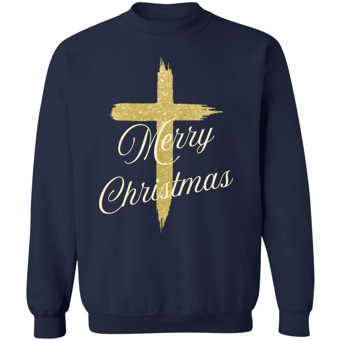 Gold cross Merry Christmas design on crewneck sweatshirt navy