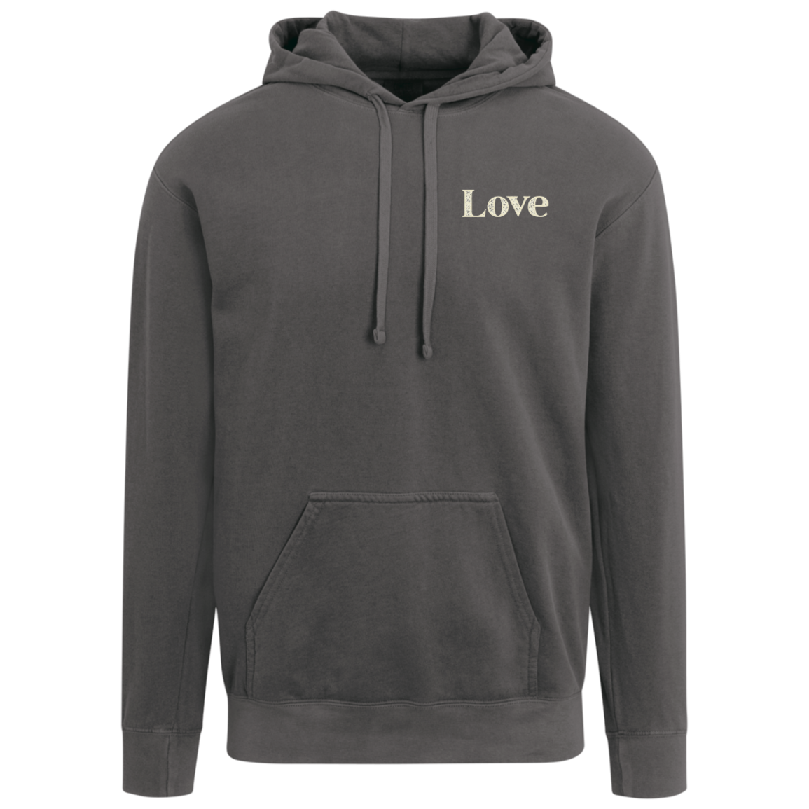 Pepper Comfort Colors hoodie with a small distressed cream Love design on the front left chest.