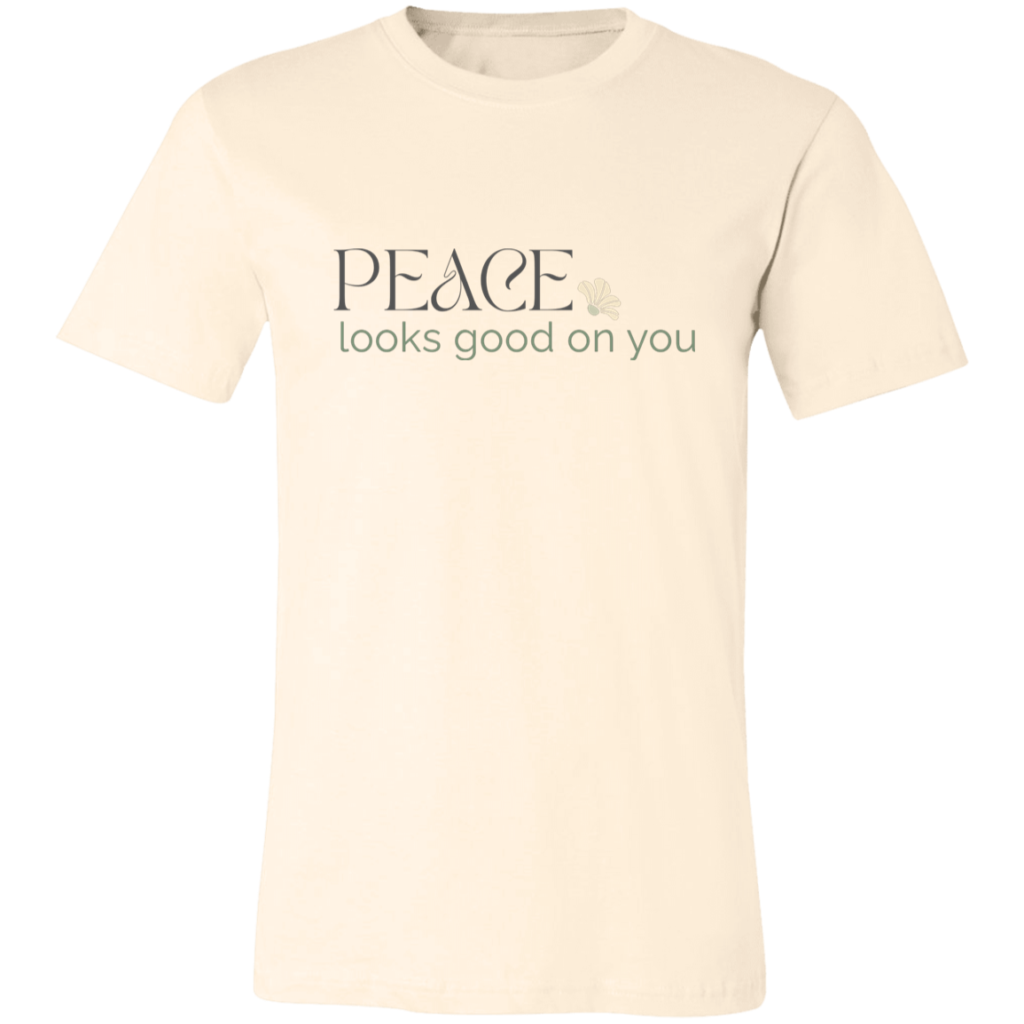 Peace Looks Good on You graphic t-shirt in Cream featuring a soft vintage-inspired neutral design.