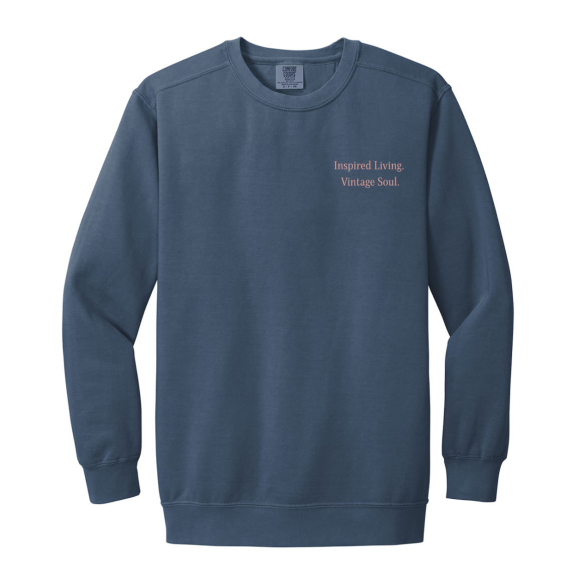 Blue Jean Comfort Colors sweatshirt with left chest design.