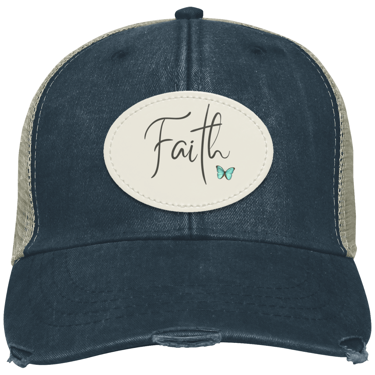 Navy distressed trucker cap featuring an oval sublimated vegan leather patch with a delicate faith design.