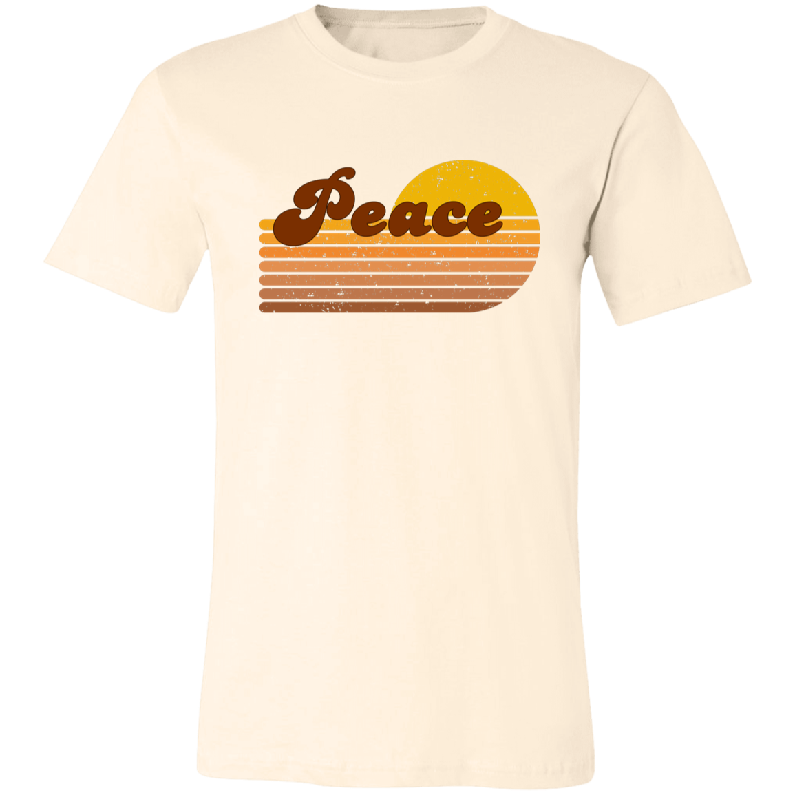 Cream Peace Retro Revival Graphic Tee featuring distressed retro lettering and vintage sunset stripes on a Bella + Canvas shirt