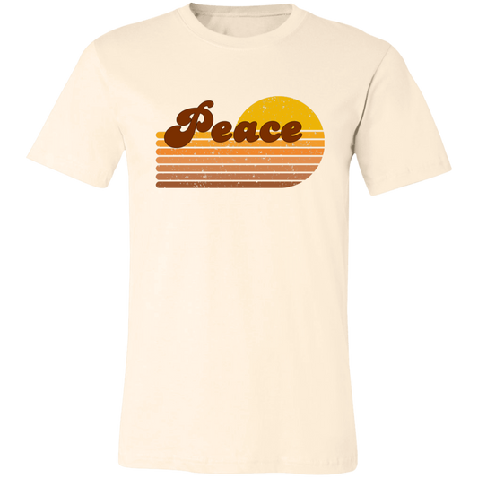 Cream Peace Retro Revival Graphic Tee featuring distressed retro lettering and vintage sunset stripes on a Bella + Canvas shirt