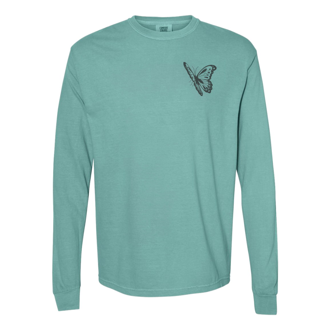 Seafoam Comfort Colors long sleeve with butterfly left chest design.