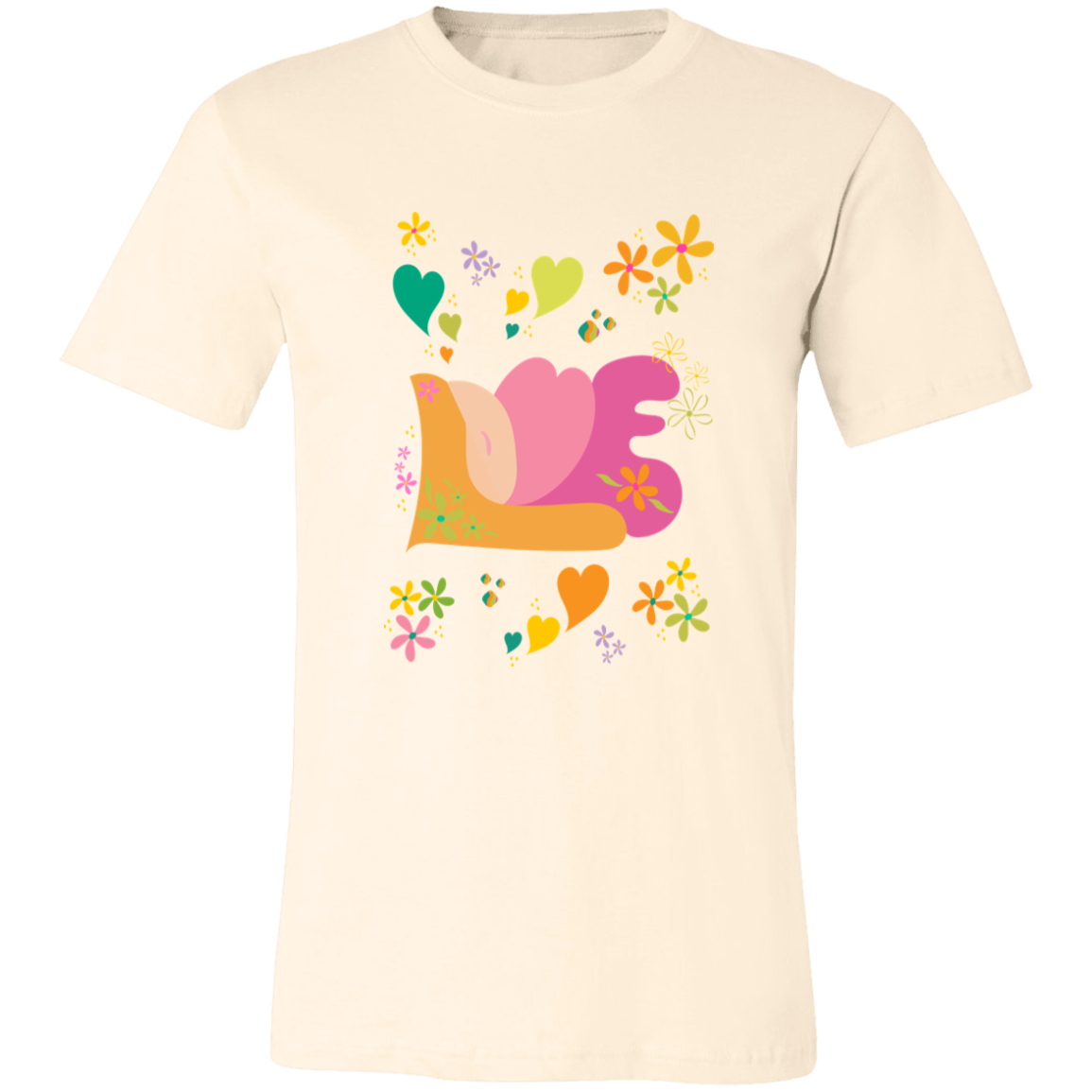 Retro colorful LOVE flower graphic printed on a natural color Bella Canvas t-shirt featuring hearts and boho style flowers.