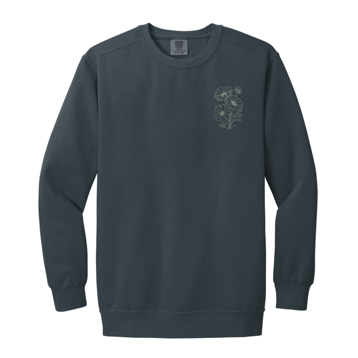 Denim Comfort Colors sweatshirt with matching floral left chest graphic.