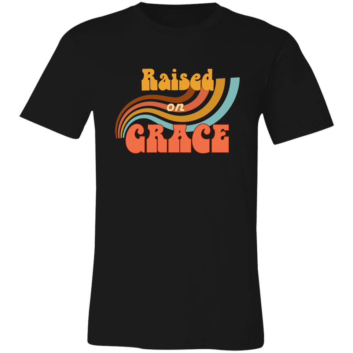 Raised on Grace soulful vintage graphic tee featuring retro-inspired typography and faith-inspired message on a Bella + Canvas unisex shirt