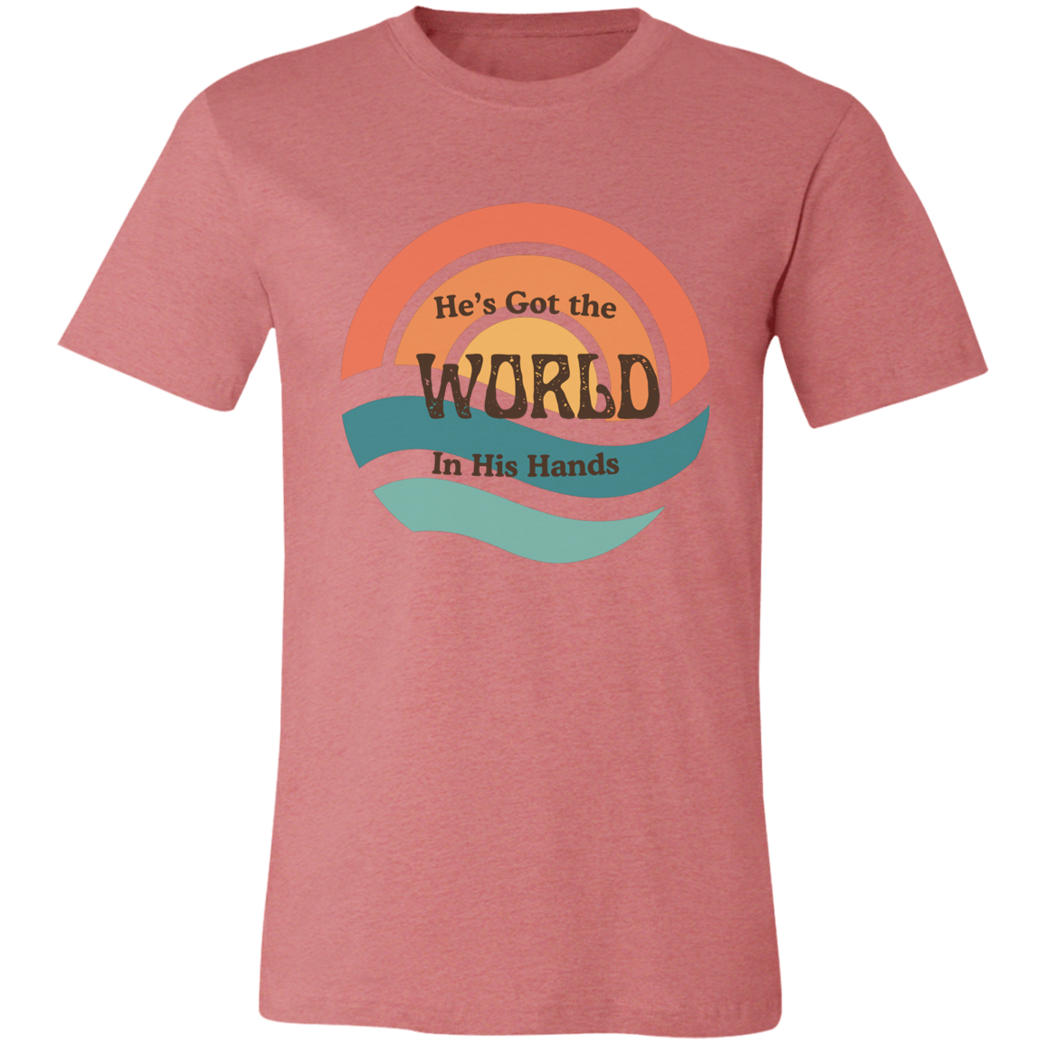 He's Got the Whole World vintage soul graphic tee featuring retro sunset colors and an uplifting faith-inspired message on a Bella + Canvas shirt