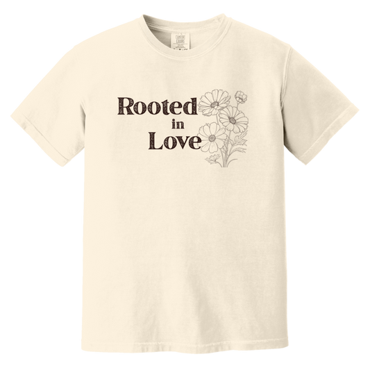 Rooted in Love vintage floral Comfort Colors 1717 t-shirt in Ivory featuring botanical artwork and distressed typography.