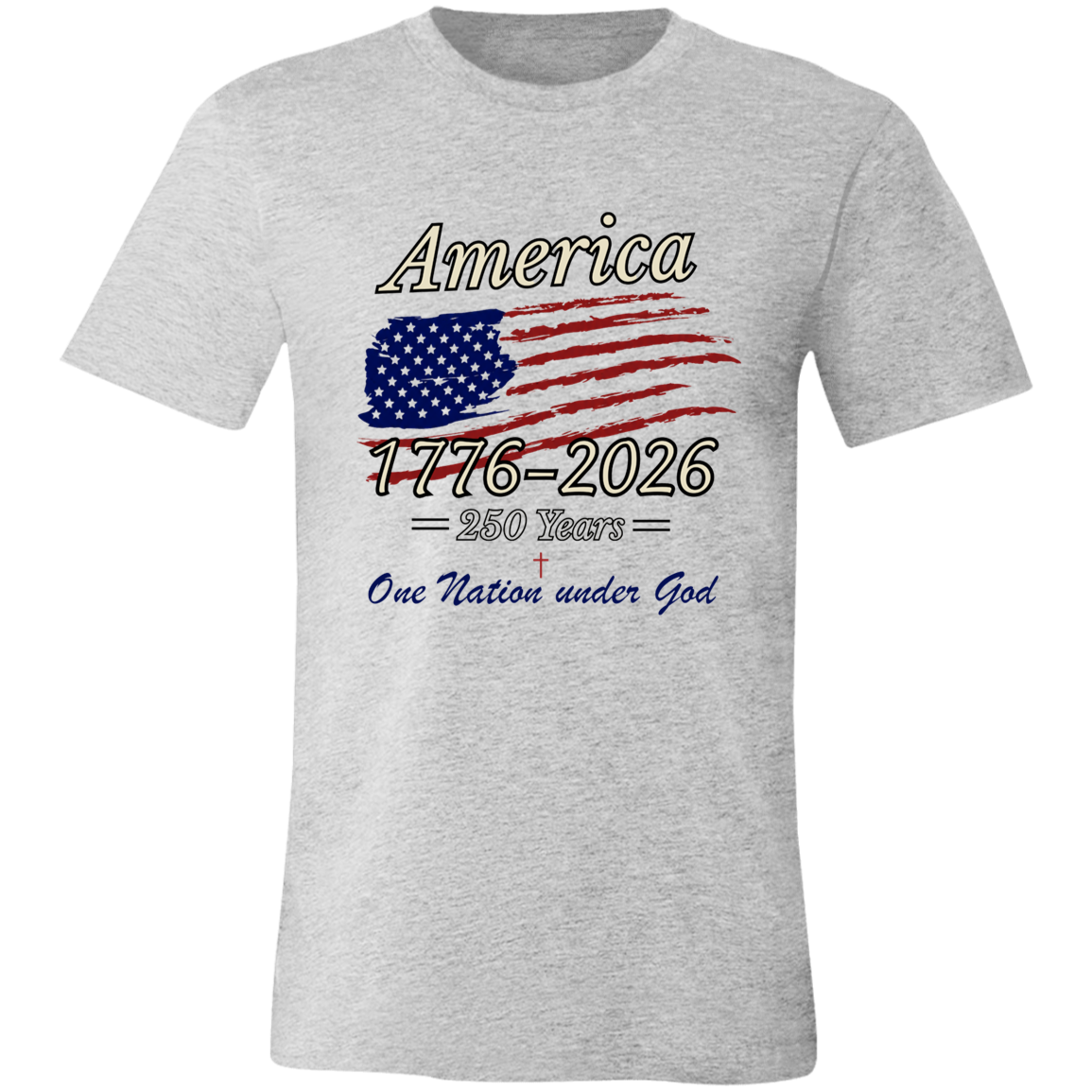 Heather gray Bella+Canvas unisex t-shirt featuring the America 250 One Nation Under God patriotic graphic design.

