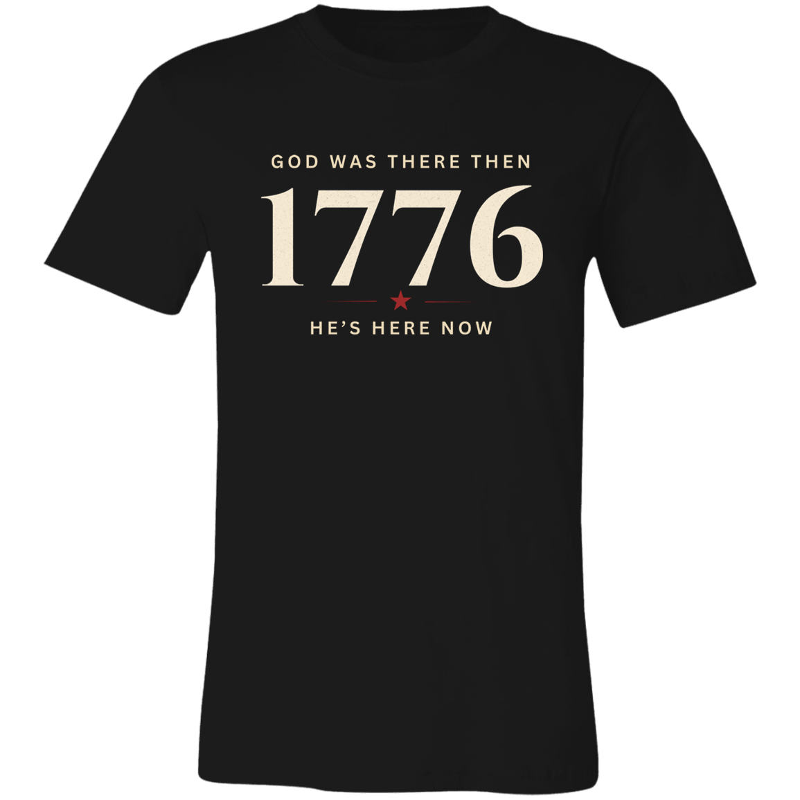 Bella+Canvas unisex vintage faith and freedom t-shirt in Black featuring the "God Was There Then — He's Here Now" graphic design inspired by faith, freedom, and American heritage.
