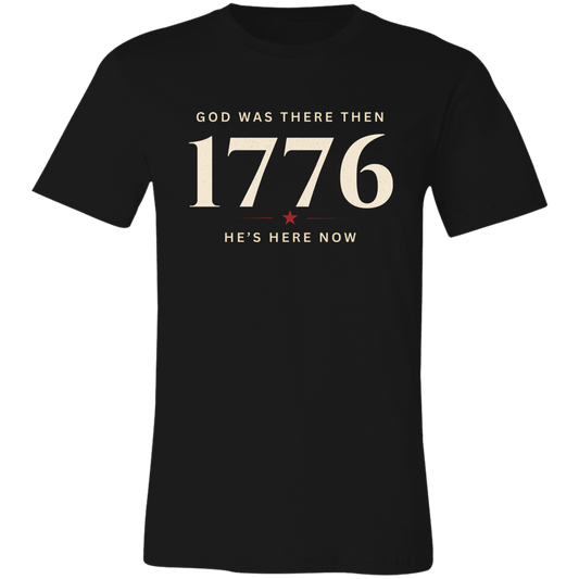 Bella+Canvas unisex vintage faith and freedom t-shirt in Black featuring the "God Was There Then — He's Here Now" graphic design inspired by faith, freedom, and American heritage.