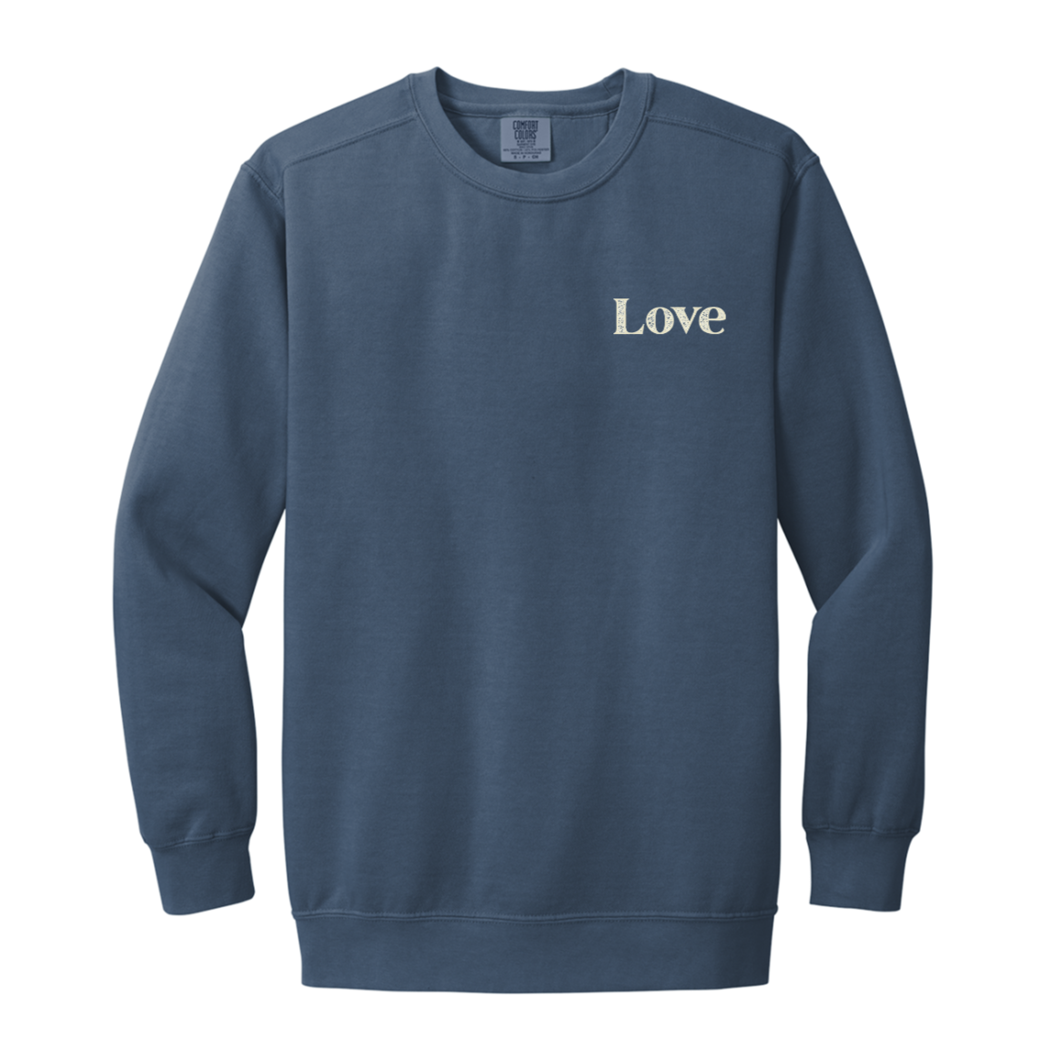 BLue Jean Comfort Colors crewneck sweatshirt with a small cream Love design printed on the front left chest.