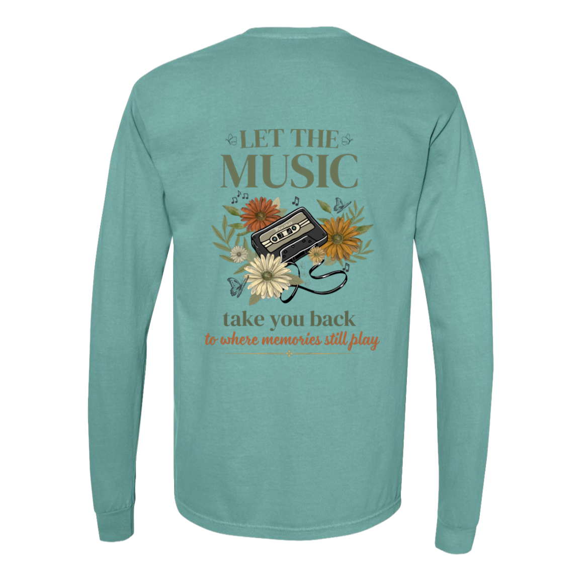 Seafoam Comfort Colors long sleeve with large retro cassette artwork printed on the back.