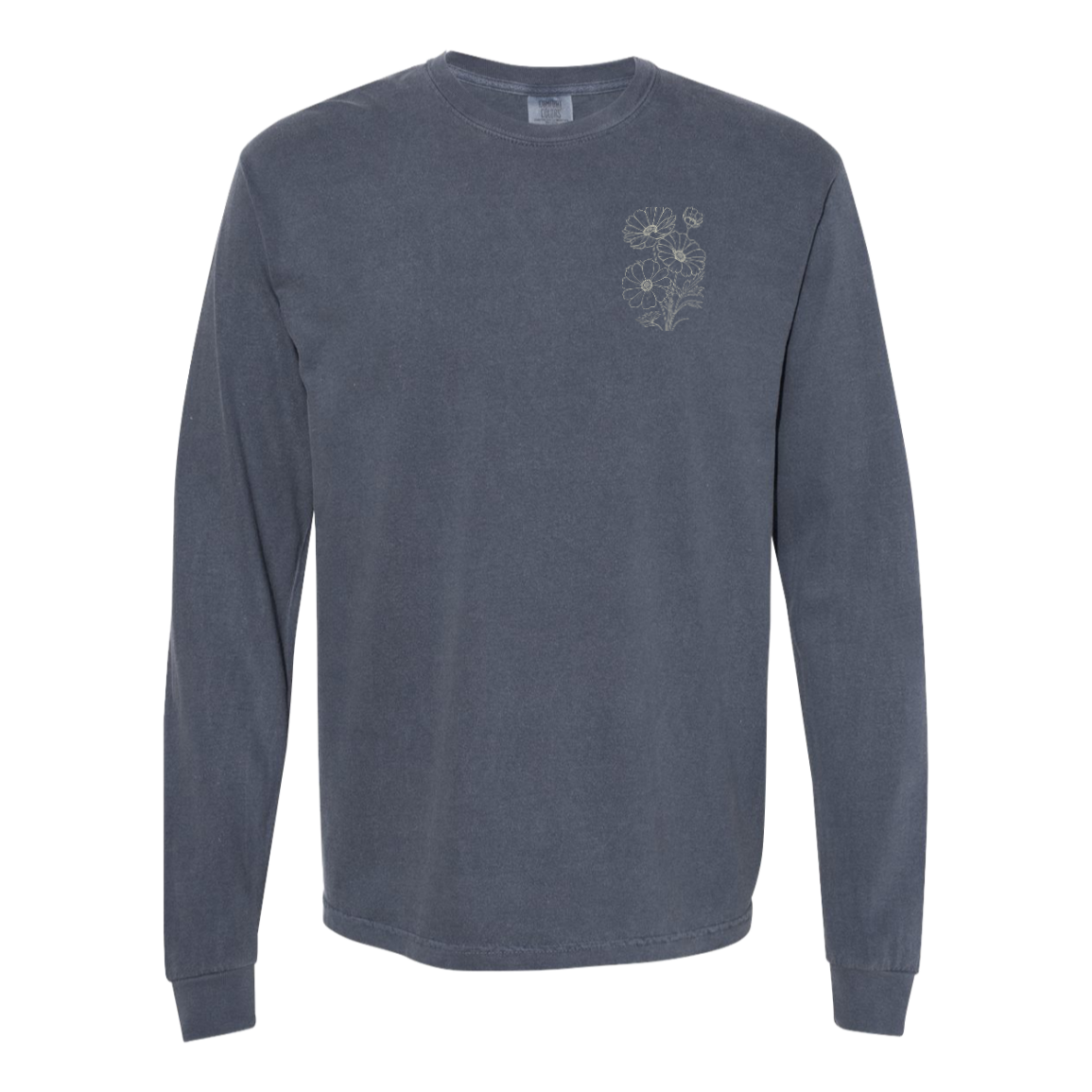 Denim Comfort Colors long sleeve with coordinating floral left chest graphic.