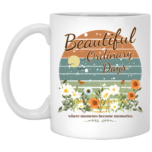 Beautiful Ordinary Days ceramic coffee mug featuring vintage retro sunset stripes, wildflowers, butterflies, and inspirational typography in soft muted colors.