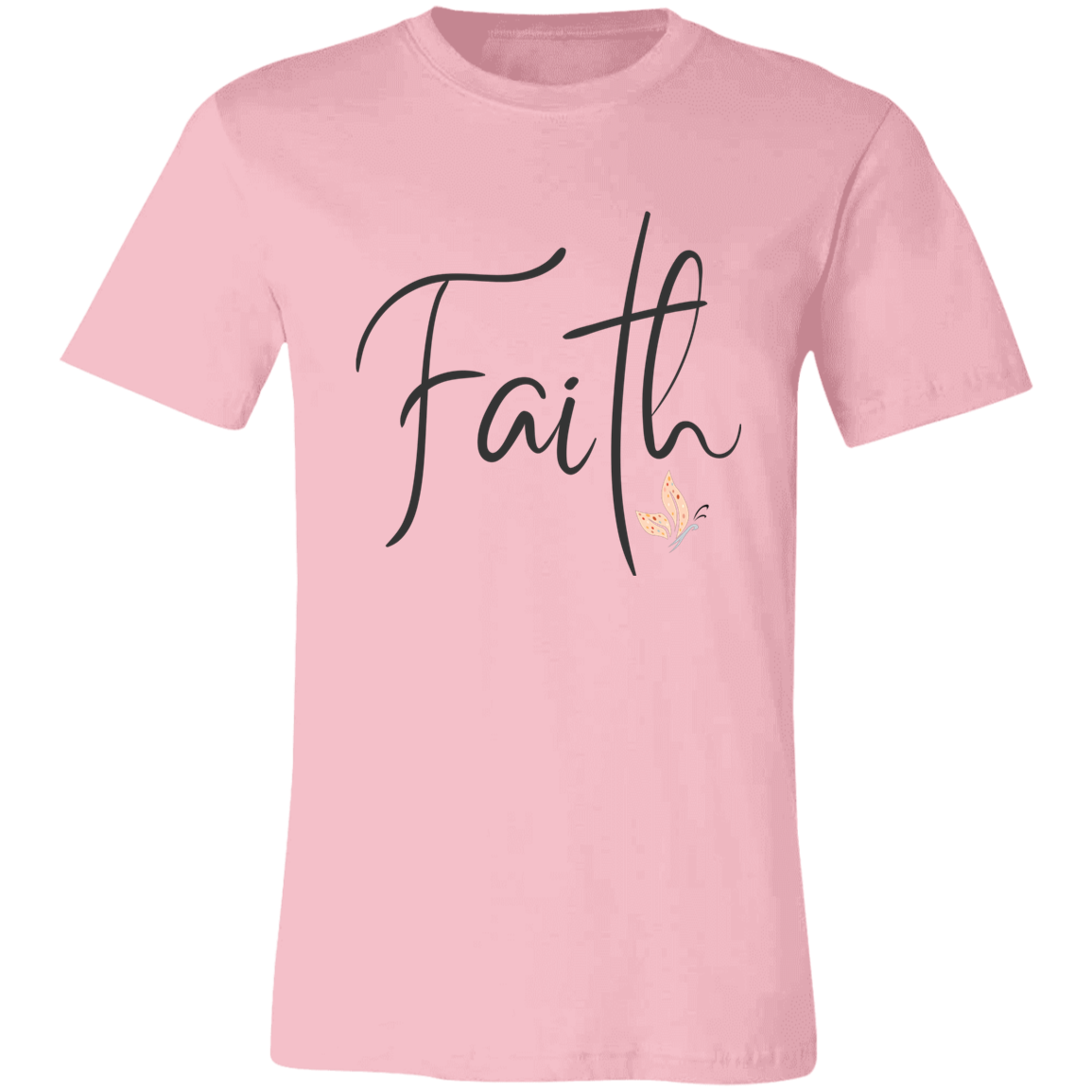 Minimalist Faith Christian t-shirt in script lettering on Bella Canvas unisex tee in pink