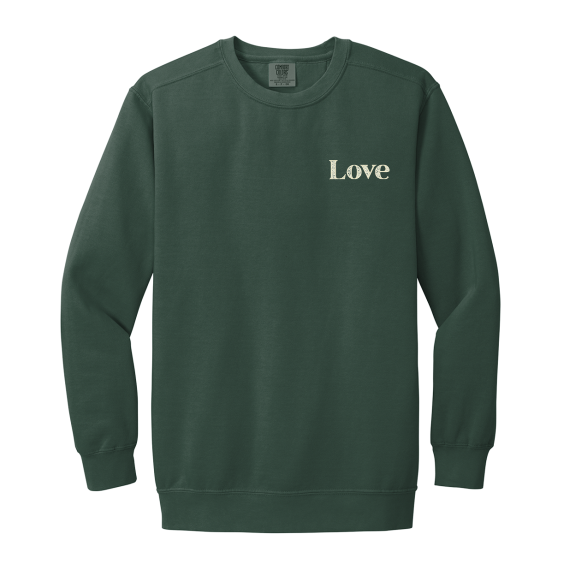 Blue Spruce Comfort Colors crewneck sweatshirt with a small cream Love design printed on the front left chest.