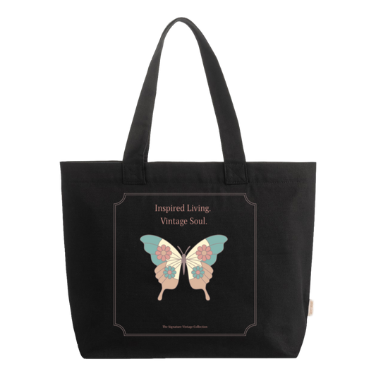 Black Comfort Colors® zip tote bag featuring vintage butterfly artwork and Inspired Living Vintage Soul design from The Signature Vintage Collection.