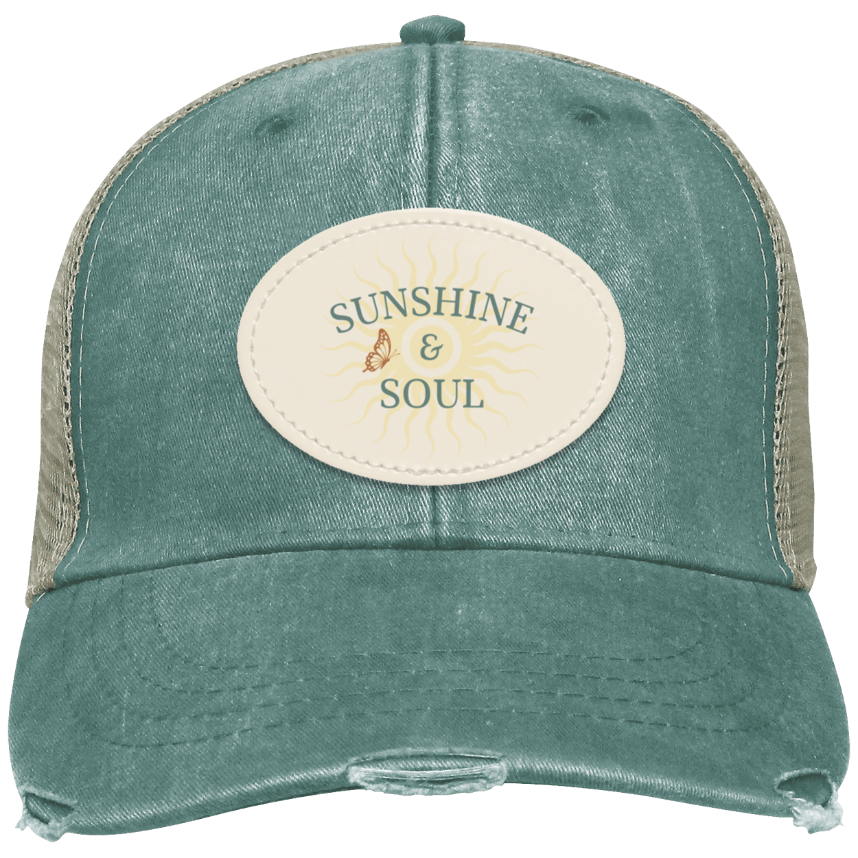 Forest vintage distressed trucker cap featuring an oval Sunshine & Soul sublimated vegan leather patch.