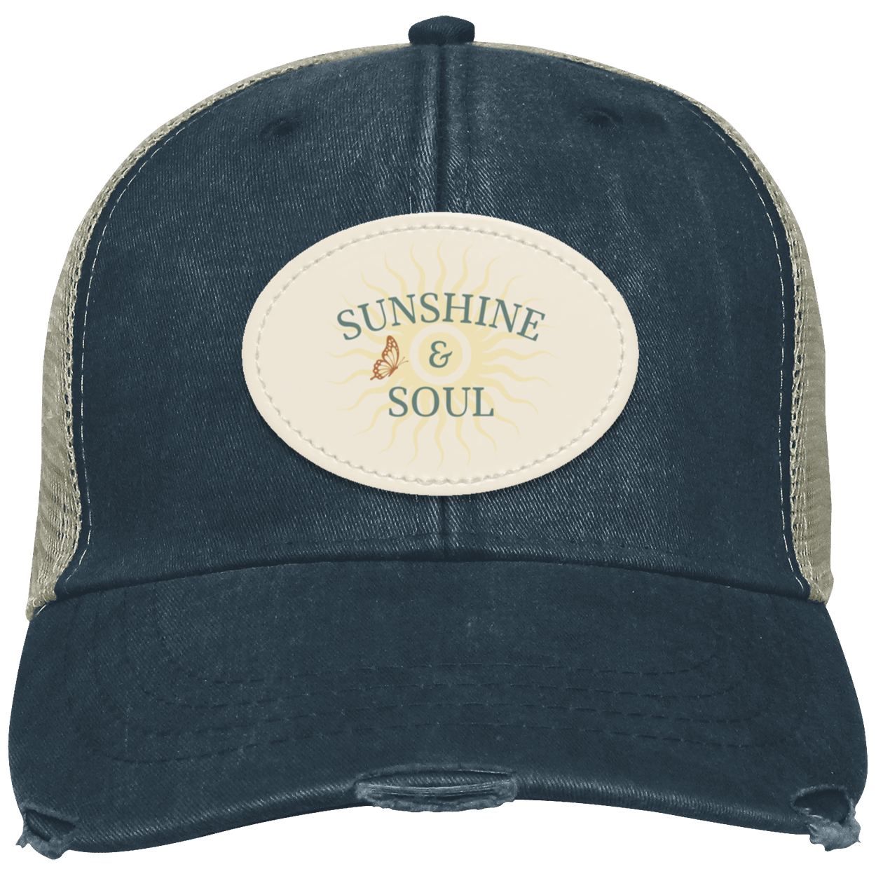 Navy vintage distressed trucker cap featuring an oval Sunshine & Soul sublimated vegan leather patch.