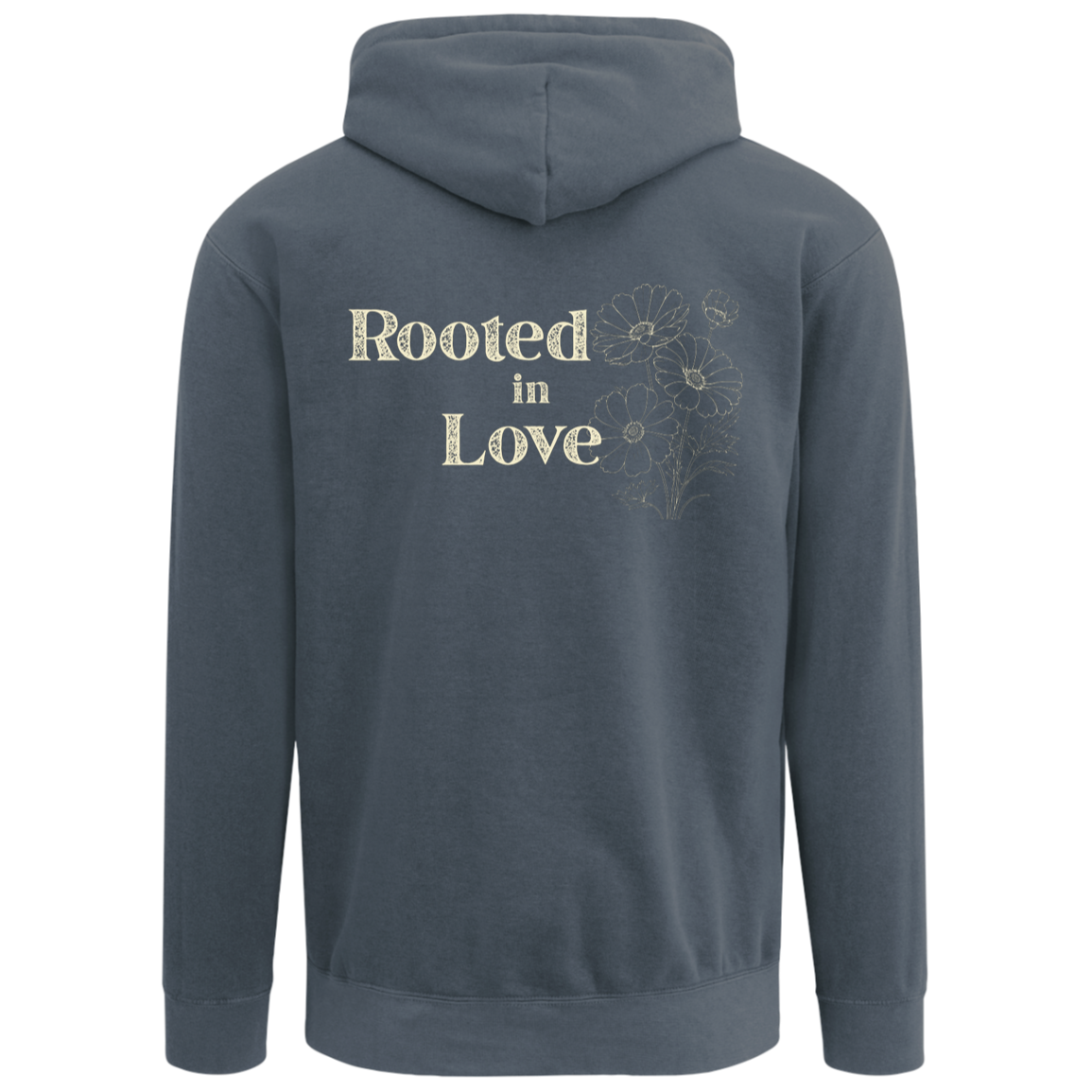 Denim Comfort Colors hoodie featuring vintage-inspired floral artwork.