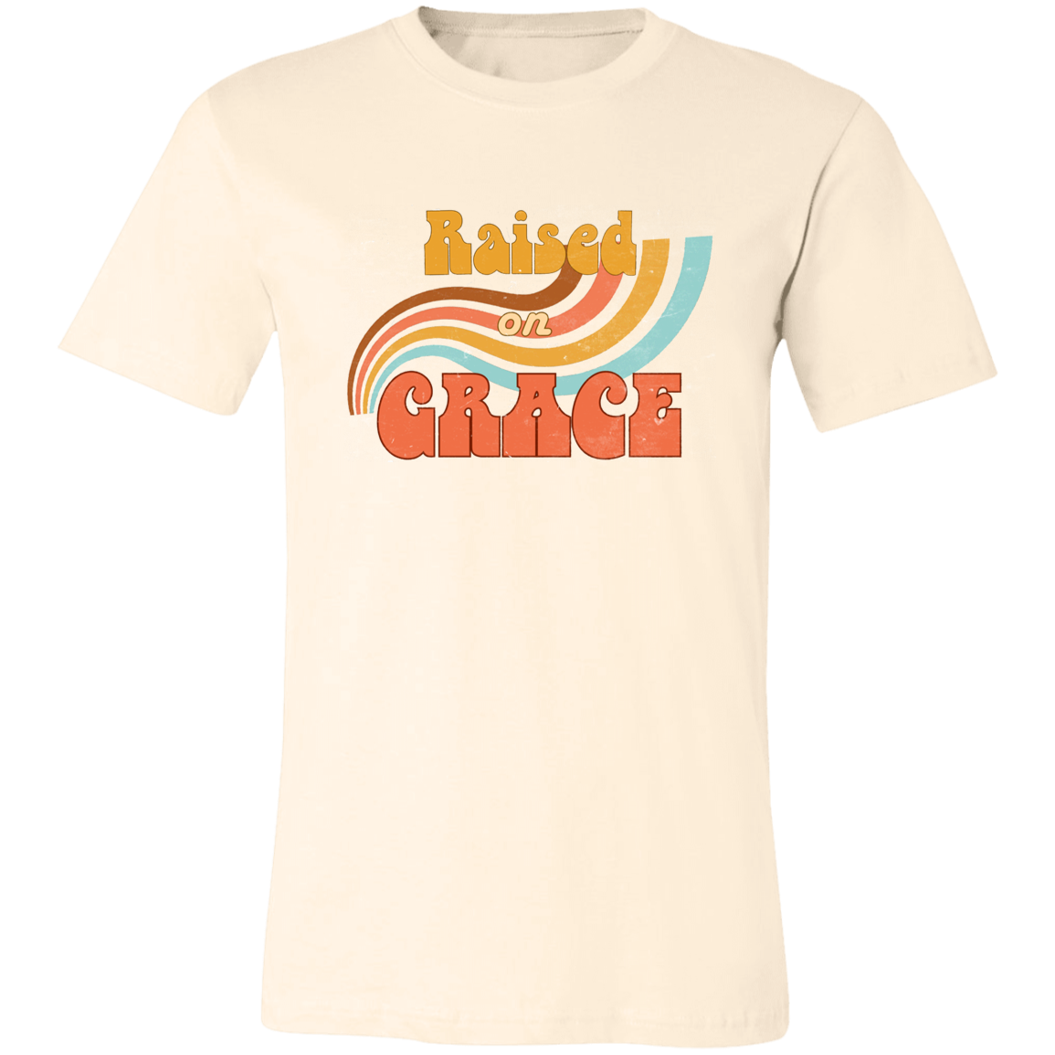 Raised on Grace distressed vintage graphic tee featuring retro typography and a worn-in nostalgic design on a Bella + Canvas shirt