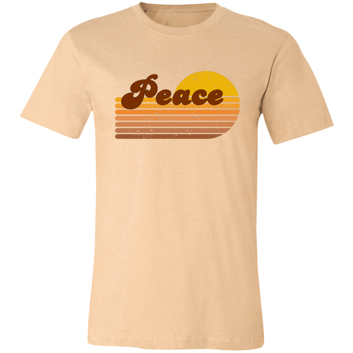 Heather sand dune Peace Retro Revival Graphic Tee featuring distressed retro lettering and vintage sunset stripes on a Bella + Canvas shirt