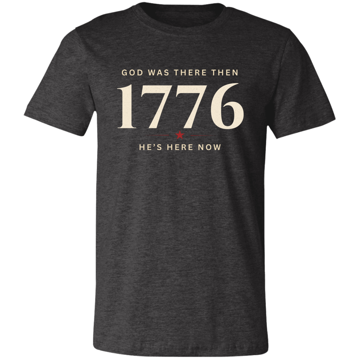 Bella+Canvas unisex vintage faith and freedom t-shirt in Heather gray featuring the "God Was There Then — He's Here Now" graphic design inspired by faith, freedom, and American heritage.
