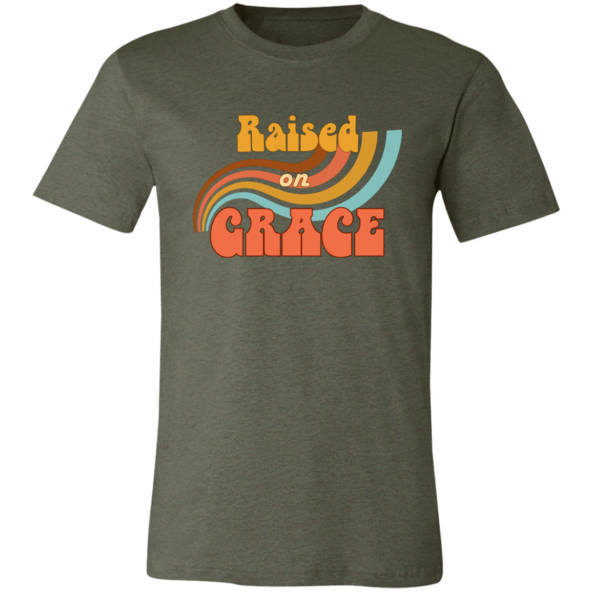 Vintage-style Christian t-shirt featuring the phrase “Raised on Grace” with retro sunset-inspired lettering on a heather olive green Bella + Canvas unisex tee.