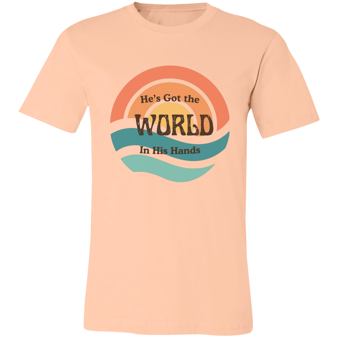 He's Got the Whole World vintage soul graphic tee featuring retro sunset colors and an uplifting faith-inspired message on a Bella + Canvas shirt