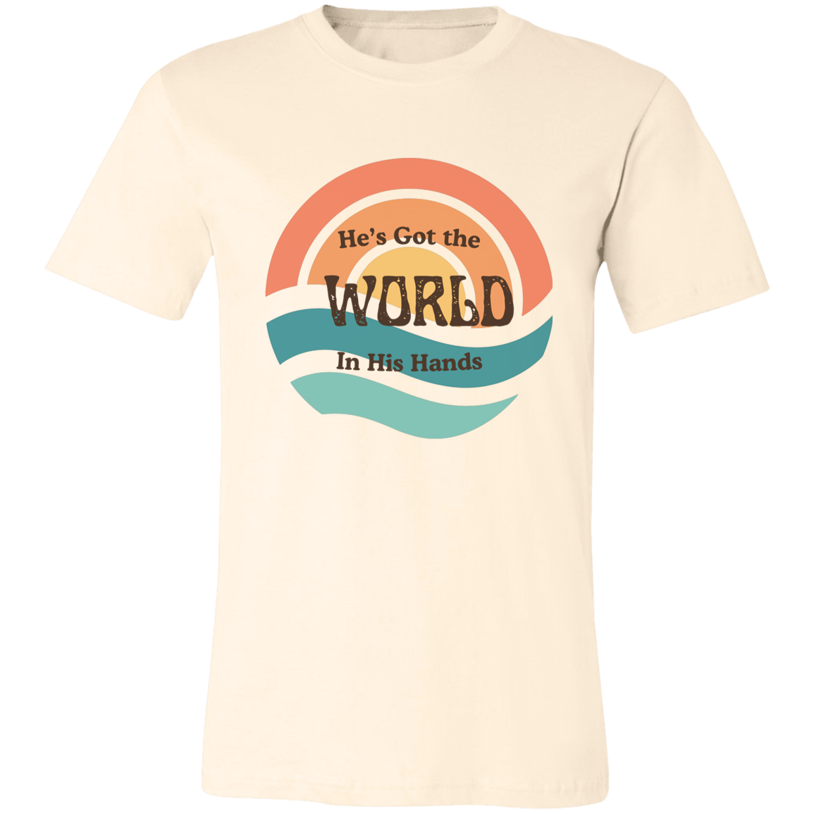 He's Got the Whole World vintage soul graphic tee featuring retro sunset colors and an uplifting faith-inspired message on a Bella + Canvas shirt