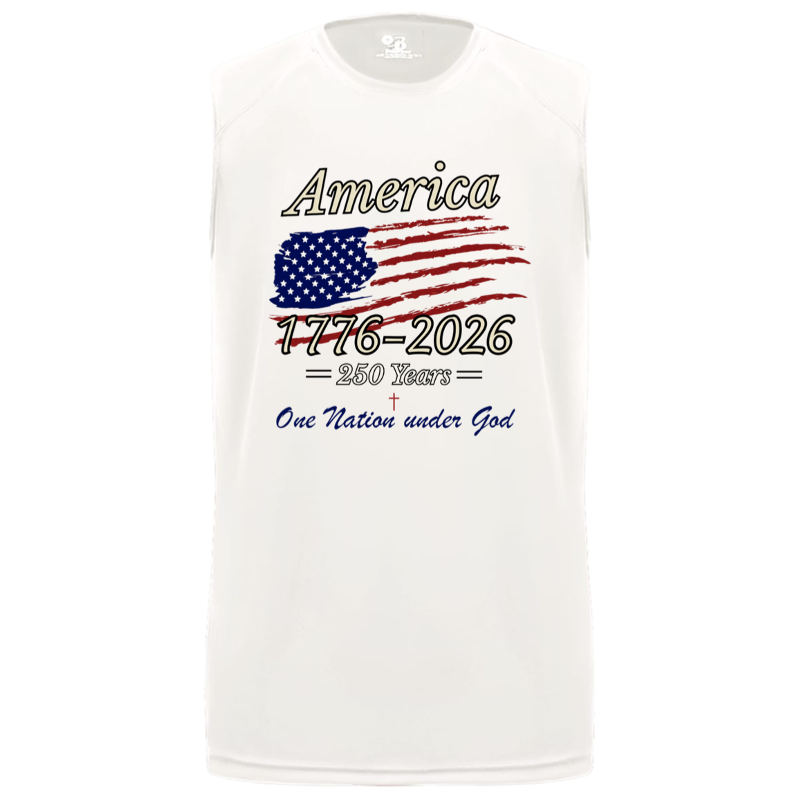 White sleeveless performance tee featuring distressed American flag graphic and America 2025 patriotic design.