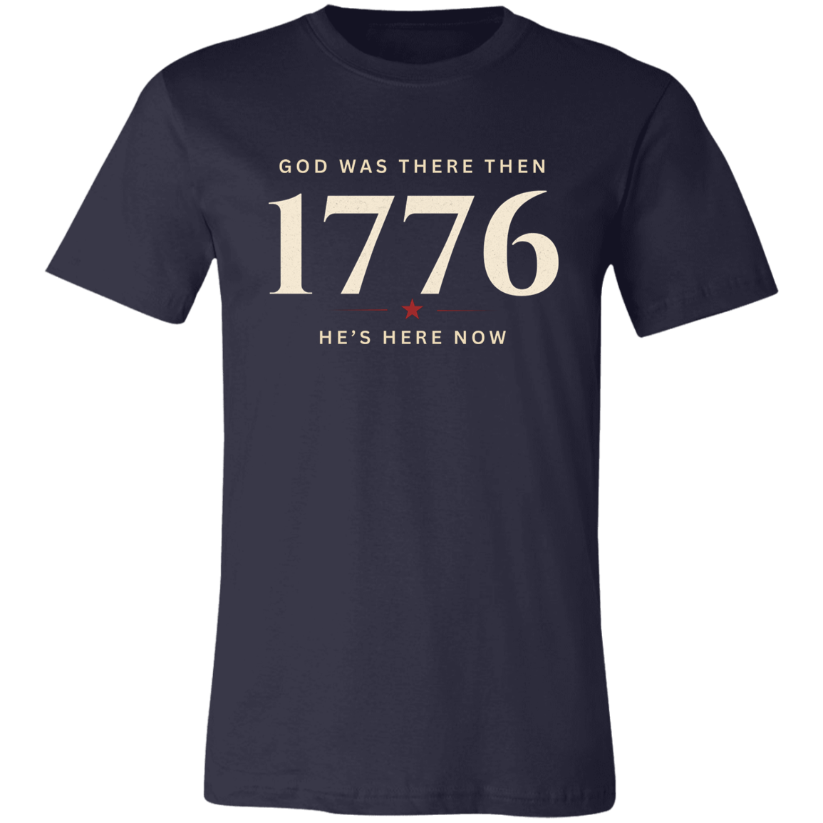 Bella+Canvas unisex vintage faith and freedom t-shirt in navy blue featuring the "God Was There Then — He's Here Now" graphic design inspired by faith, freedom, and American heritage.