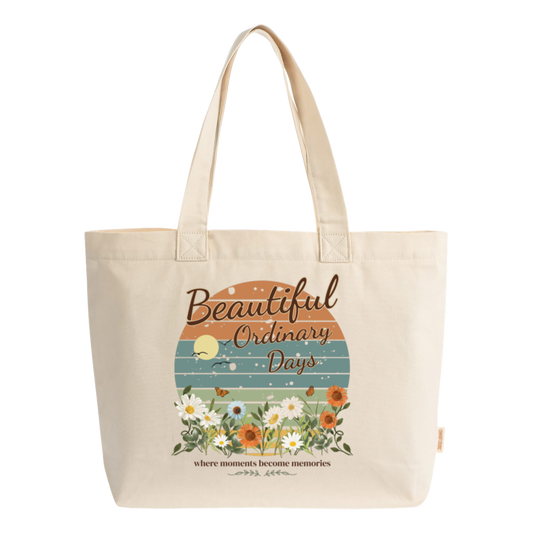 Comfort Colors ivory Everyday Zip Tote featuring Beautiful Ordinary Days vintage-inspired artwork with floral accents and nostalgic typography.